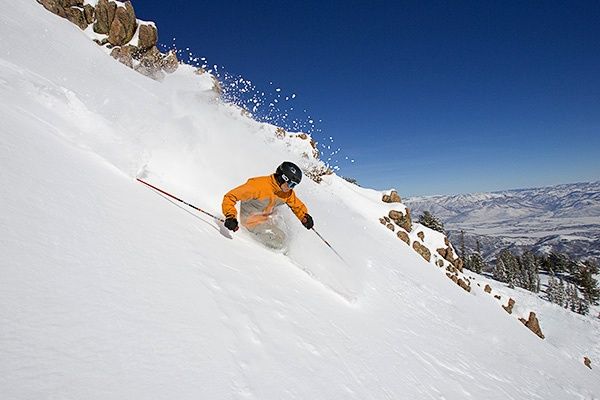 Adam Barker skiing powder at Snowbasin Resort, Utah